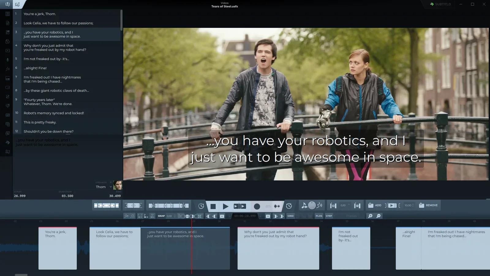 Where you'll end up: the subtitles listed on the left, shown over the video, and timed on the waveform