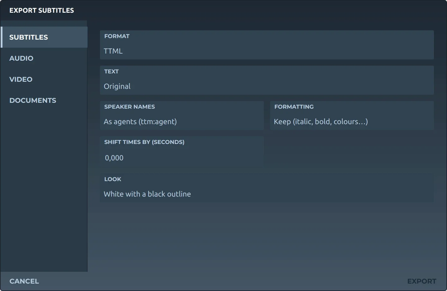 Subtitld's export dialog with TTML chosen and the speakers written as agents