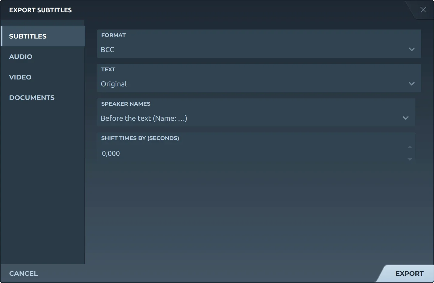 Subtitld's export dialog with BCC chosen, the original text and speaker names before it