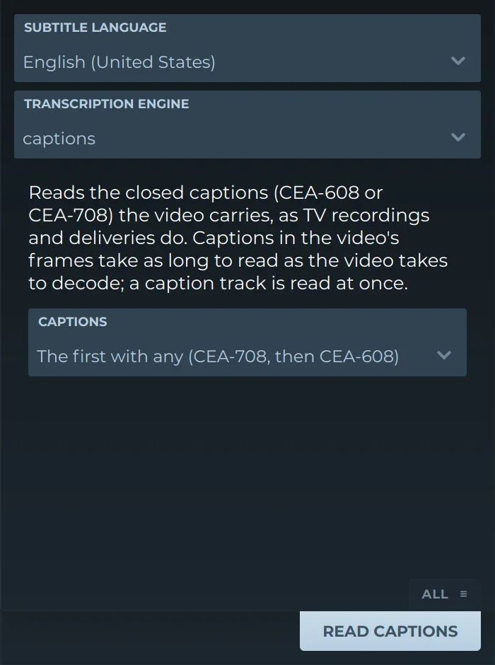 Subtitld's Import panel with the captions engine chosen, reading the first captions the video has, CEA-708 before CEA-608