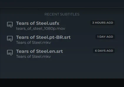 The Recent subtitles list: Tears of Steel.usfx three hours ago, Tears of Steel.pt-BR.srt a day ago and Tears of Steel.en.srt six days ago, each with its video's name below