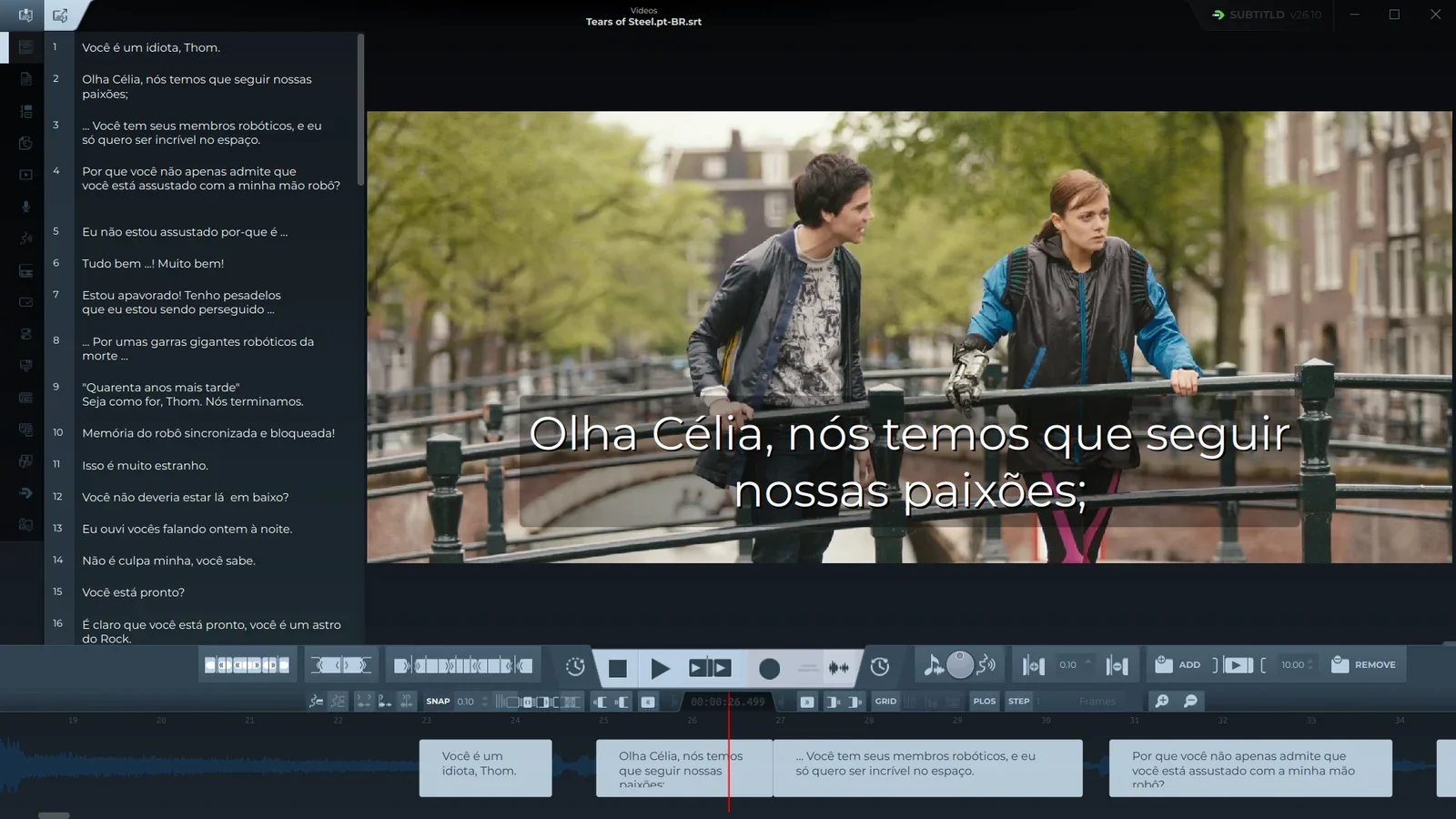 Subtitld after reopening Tears of Steel.pt-BR.srt: the Portuguese subtitles in the list on the left, over the video and on the timeline