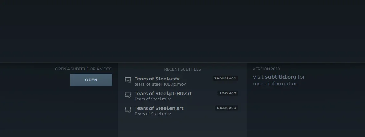 The Subtitld start screen: the Open button on the left of the bottom line, the list of recent subtitles in the middle, and the version on the right