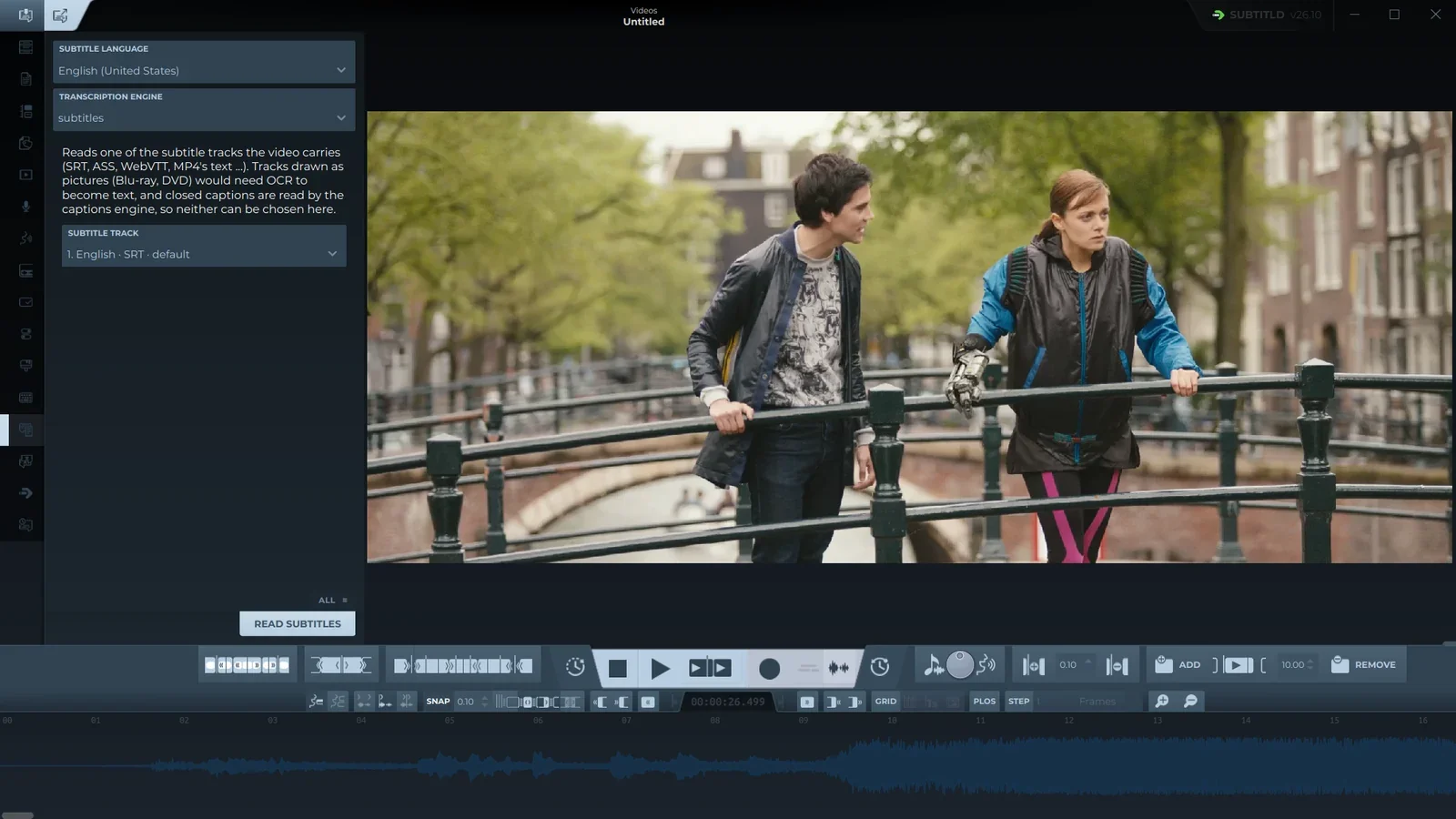 The Import tab with Subtitles in the video chosen and the track 1. English · SRT · default selected, above the Read subtitles button