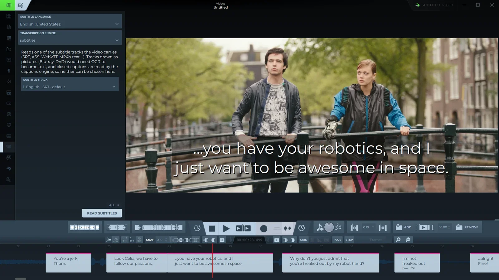 The English subtitle track read into Subtitld: subtitles on the timeline from 23 seconds, and the current one over the video