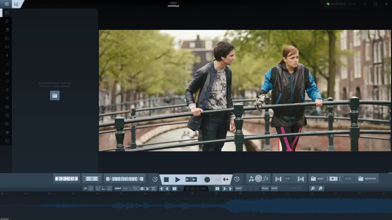 Subtitld with a video open and no subtitles yet: the title says Untitled and the timeline shows only the waveform