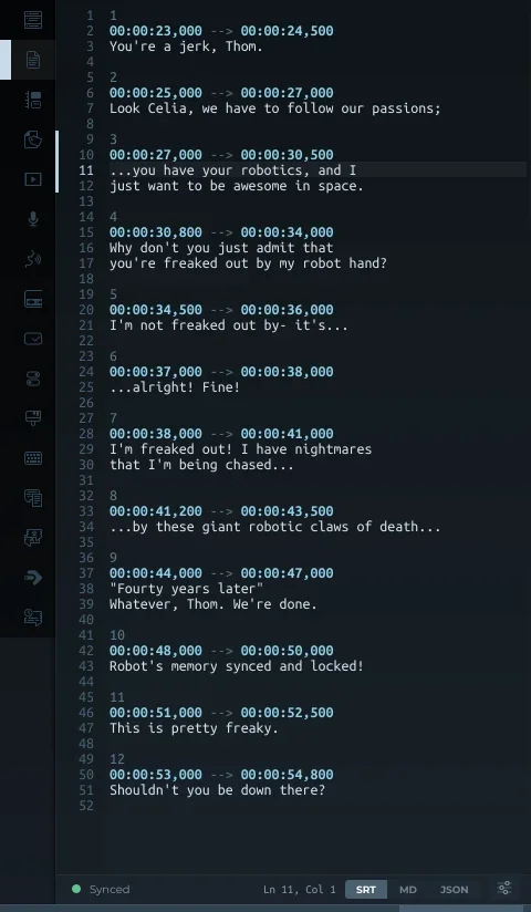 The plain-text tab showing the subtitles as SRT with line numbers