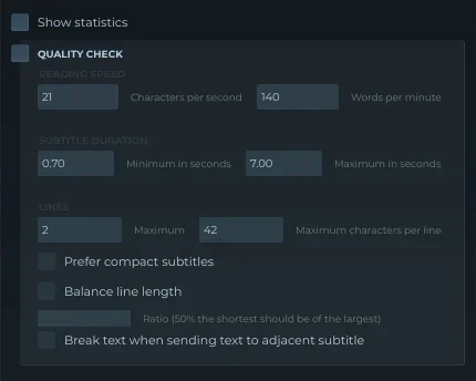 Quality check settings with the default limits
