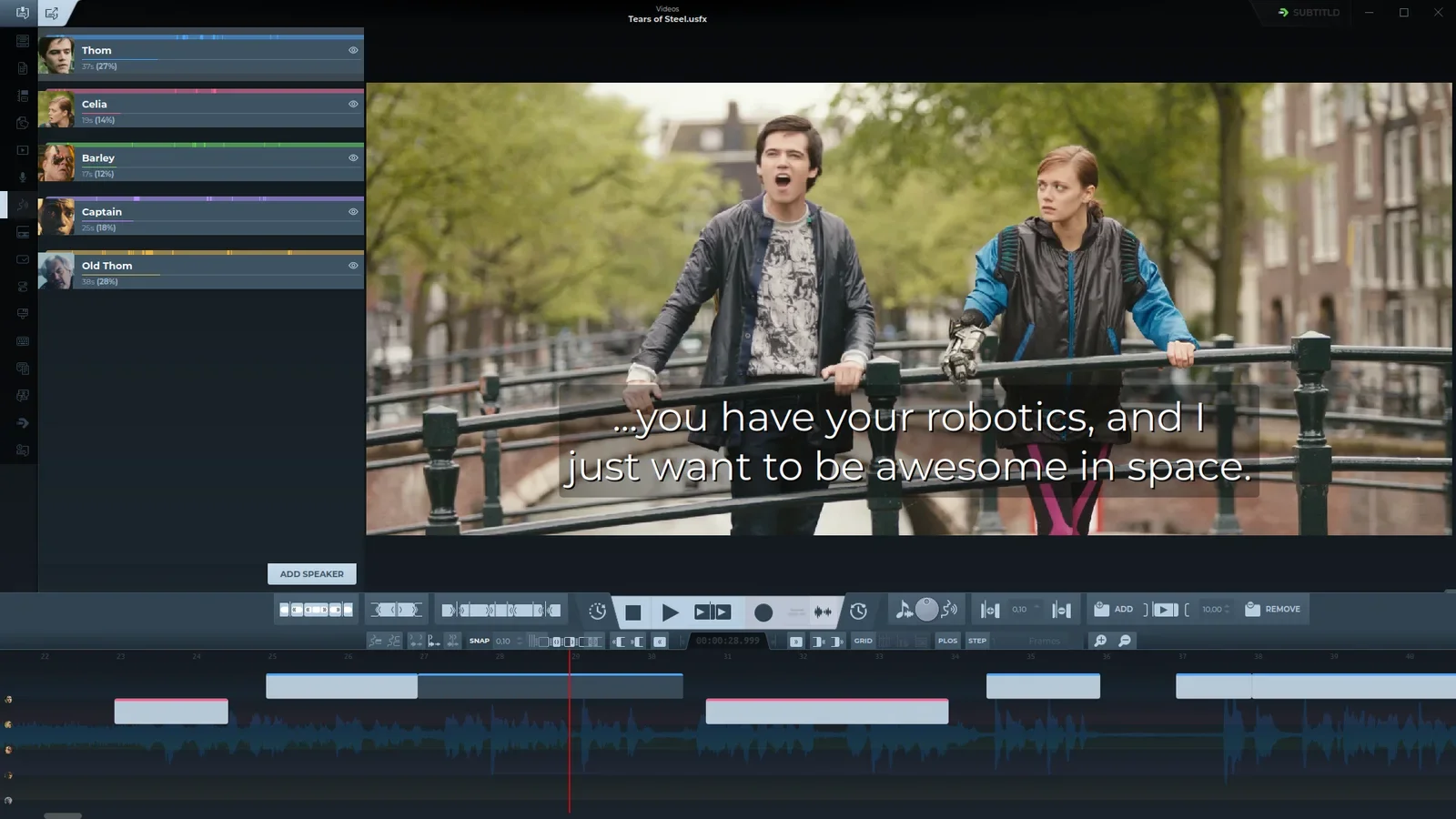 Subtitld 26.10 with the Speakers panel open and each speaker on their own timeline lane
