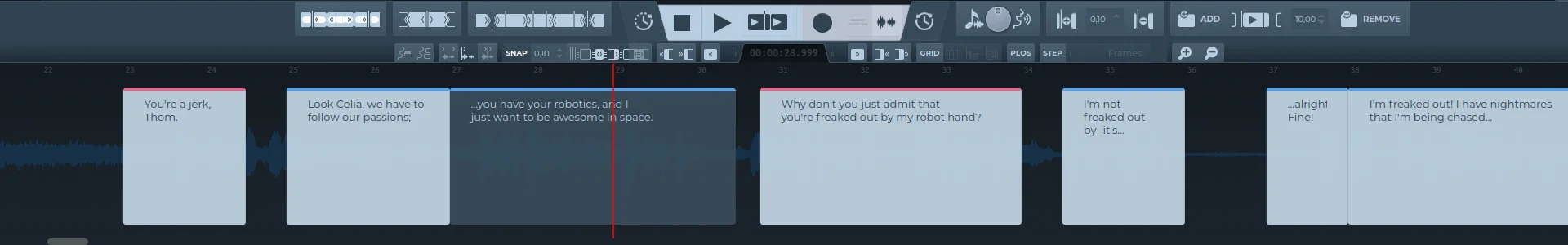 Subtitles on the waveform: each block starts where the speech gets louder